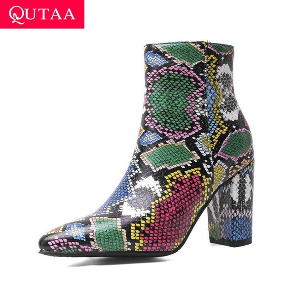 

boots qutaa 2021 square high heel fashion ankle snakeskin pu leather women shoes pointed toe zipper ladies pumps big size 34-43, Black