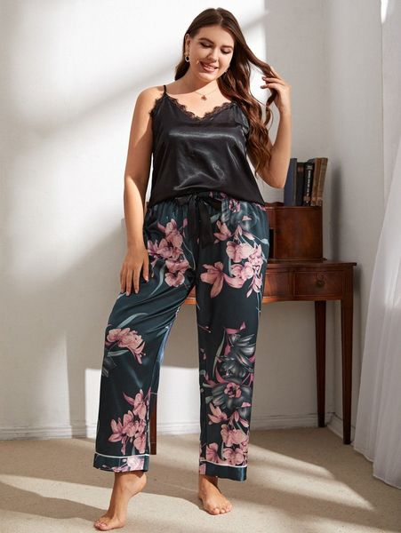 

plus satin lace trim cami & floral tie pants pajama set q1s0#, Black;white