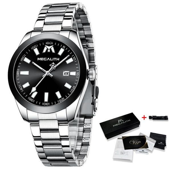 

2020 новые часы мужские роскошный лучший бренд megalith полные стальные часы светостойкий водонепроницаемый аналоговый дата бизнес повседнев, Silver