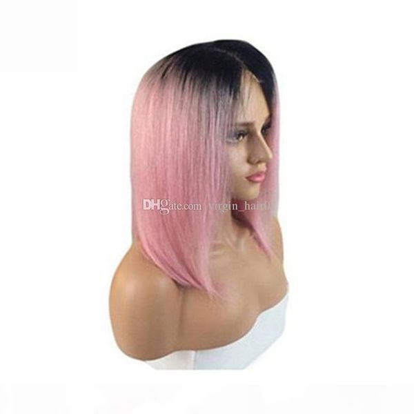 

1b pink dark root vrigin human hair ombre bob full lace wig and lace front wig 1b pink silky straight ing, Black;brown