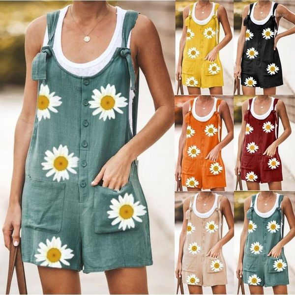 

women rompers summer casual loose sleeveless jumpsuit print button pocket suspenders bib short pants wide leg playsuits overalls1, Black;white