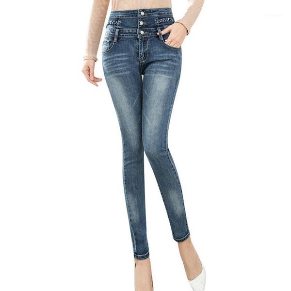 

korean autumn women jeans plus size women denim pants high waist skinny jeans buckle denim pencil pants women's trousers s-6xl1, Blue
