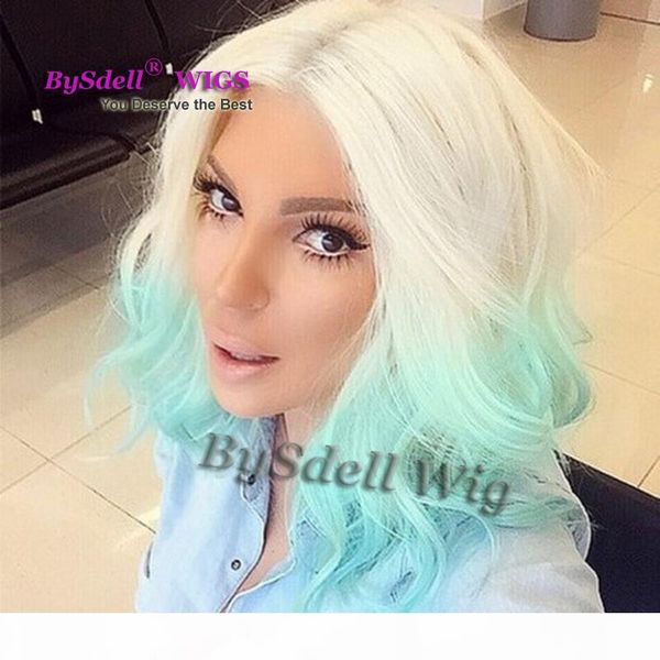 

new medium length hair glueless front lace wig synthetic white platinum blue ombre hair pastel blue color hair lace front wig, Black