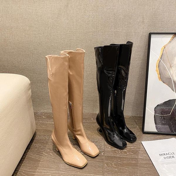 

women's mid calf boots luxury designer female shoes round toe zipper thigh high heels high fashion ladies, Black