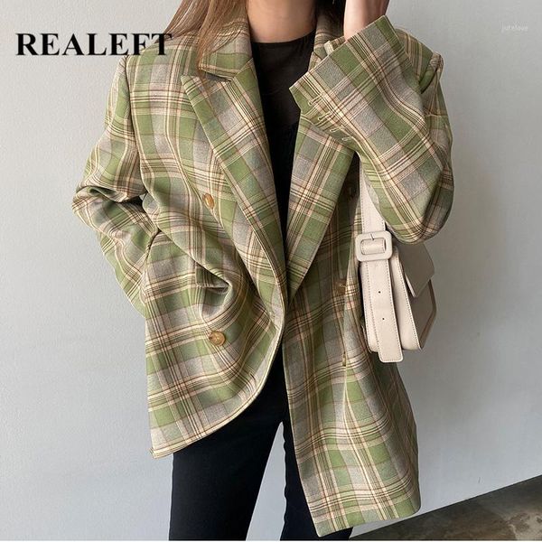 

realeft new 2020 vintage women's blazers plaid double breasted blazer jackets casual notched outerwear jackets female1, White;black