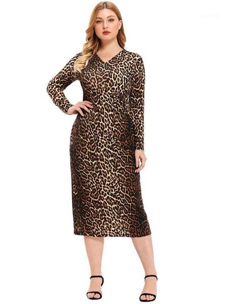 

casual dresses toleen 2021 fashion women plus size elegant v neck long sleeve leopard high waist midi party dress1, Black;gray