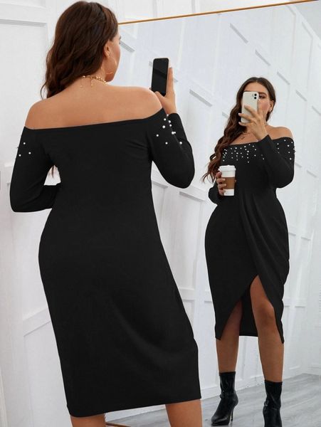 

plus pearls detail off the shoulder dress p6rd#, Black