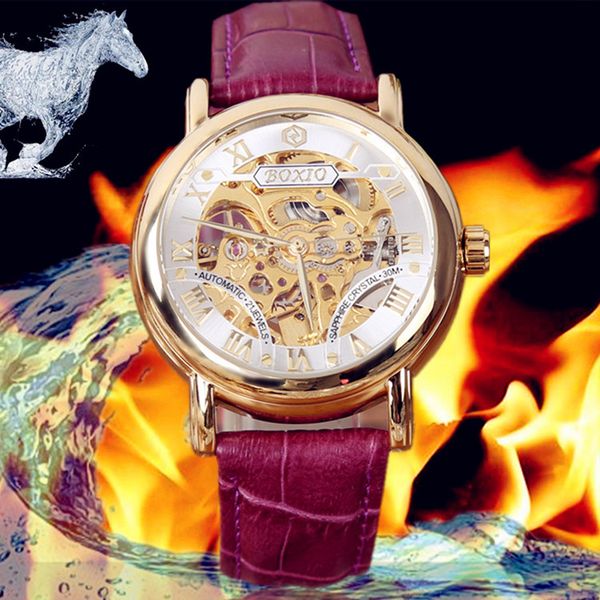 

perspective hollow watch female wild casual automatic mechanical watch leather ladies watch trend fashion table, Slivery;brown