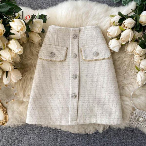 

skirts womens vintage autumn winter outwear high waist temperament plaid tweed back zipper hit color skirt, Black