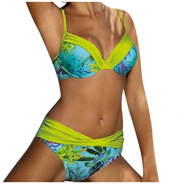 

green fashion design printed straps bikini double strap high waist split women's swimwear swimsuit beachwear, White;black