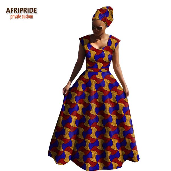 

afripride african spring cotton dress for women sleeveless v-neck floor length women dress with head wrap a1825039, Black;gray