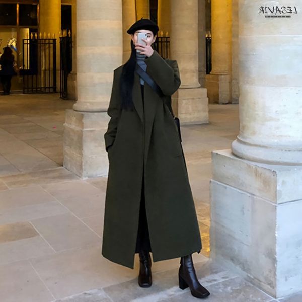 

2021 winter new woolen coat women's super long loose padded shoulder to ankle british style black and army green popular jacket