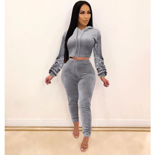 

new 2020 женщины осень костюмы sexy длинным рукавом кулиской hoodie топы тонкий высокой талией упругие карандаш штаны сплошной цвет тонкий o, Gray