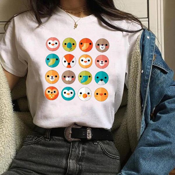 

women lady tees graphic short sleeve cartoon animal face cute print clothing 90s clothes female t shirt womens t shirt, White