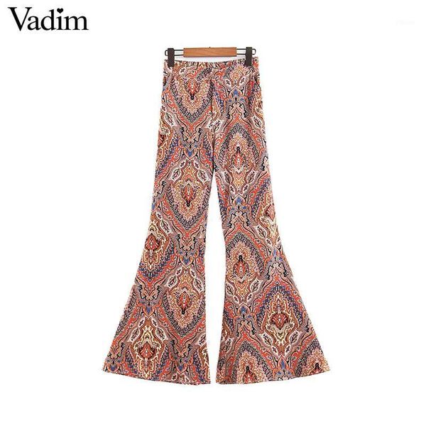 

vadim women vintage print flare pants zipper elastic waist pockets casual female long boho style trousers mujer ka8981, Black;white