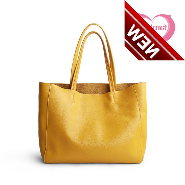 

women luxury casual tote female lemon yellow fashion handbag lady cowhide genuine leather shoulder shopping bag
