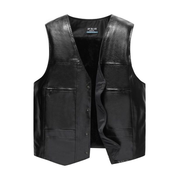 

men's vests hoo 2021 more pu leather vest fashion v-neck warm, Black;white