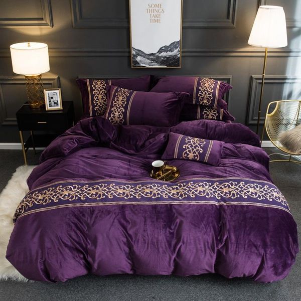 

bedding sets luxury purple green red gray blue pink winter fleece fabric bed lace cover set pillowcase embroidery duvet flannel sheet