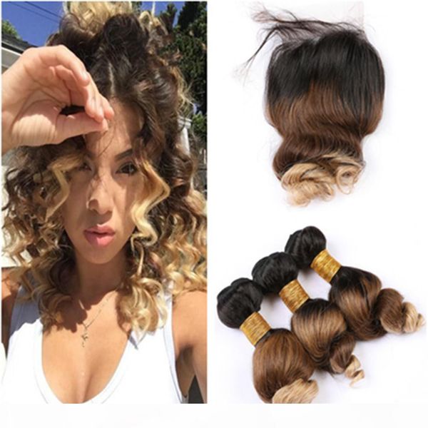 

black brown to honey blonde ombre hair bundles with closure loose wave #1b 4 27 ombre peruvian human hair weaves with closure 4x4