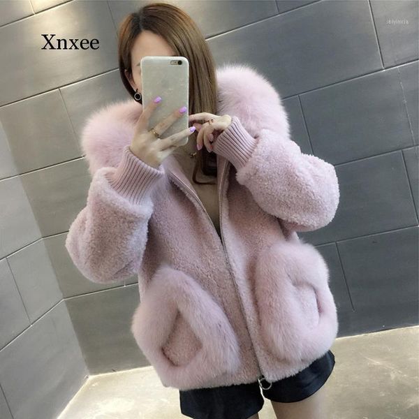 

winter women sheep shearing short imitation lamb hair furs coat loose warm faux fur collar hooded fur outerwear pink cute1, Black