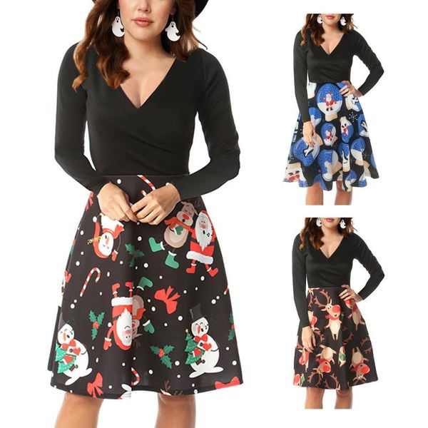 

40# plus size christmas dress women elegant autumn winter long sleeve dress hoodie bag hip pocket xmas print vestidos, Black;gray