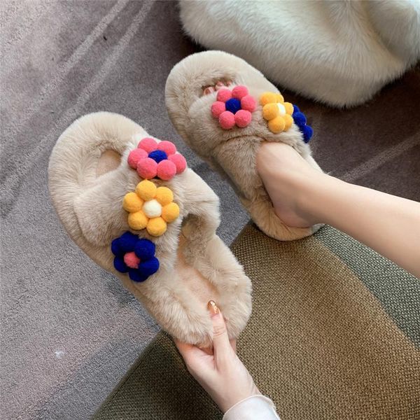 

slippers low fur shoes house platform slipers women lady flock luxury slides flower plush 2021 massage girl designer flat, Black