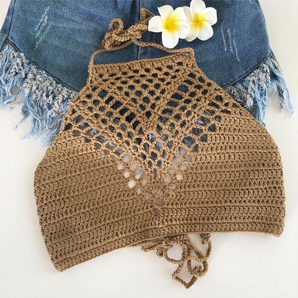 

women summer short vest hollow out plain white halter vest strap crop crochet bikini tank shirt sale