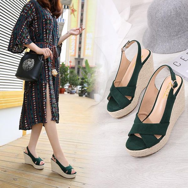 

sandals women's shoes 10cm high heel straw wedges woman platform green, Black