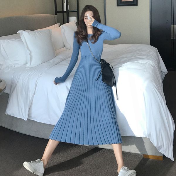 

2021 new autumn winter fashion women knit long sleeve crew neck pullover slim work wear office vestidos 7lt2, Black;gray
