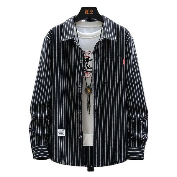 

2020 long sleeve korean handsome fashion men's autumn casual stripe black shirt, White;black
