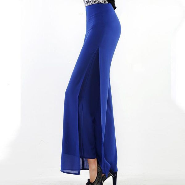 

2020 women ladies summer loose high waist long trousers chiffon side split casual palazzo pants wide leg pants plus size 6xl 841, Black;white