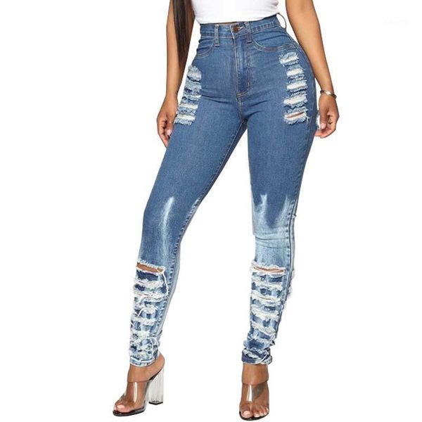 

2020 women stretch ripped distressed skinny high waist denim pants elastic hole boyfriend jeans trousers1, Blue