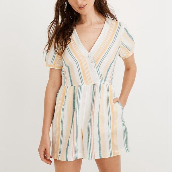

colorful striped v-neck short-sleeved jumpsuit, Black;white