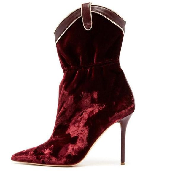 

boots gullick red wine velvet women's ankle 2021 arrival pointed toe shoes high heels females stiletto botas size 35-43, Black