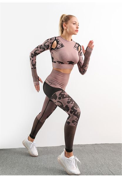 

camouflage hollow womens yoga clothing suit breathable seamless sports long sleeve skinny warm ladies fitness sweatpants tracksuits, Gray