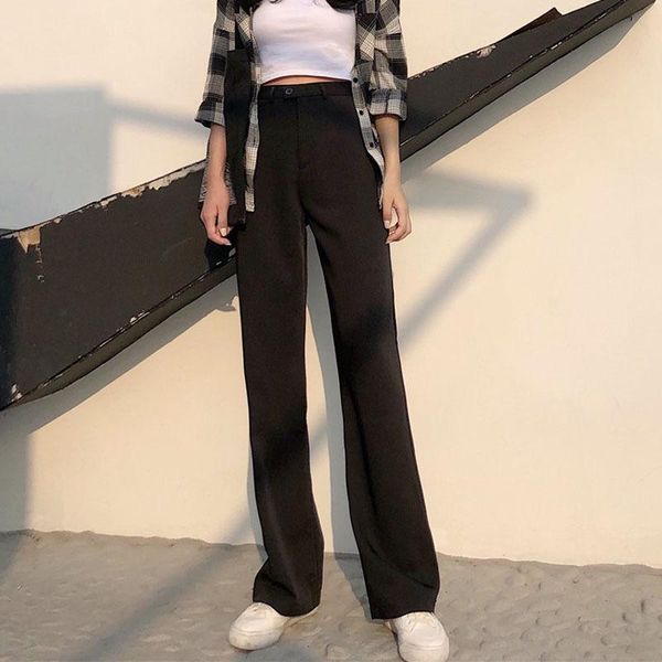

women's casual loose solid high waist ankle-length pants, Black;white