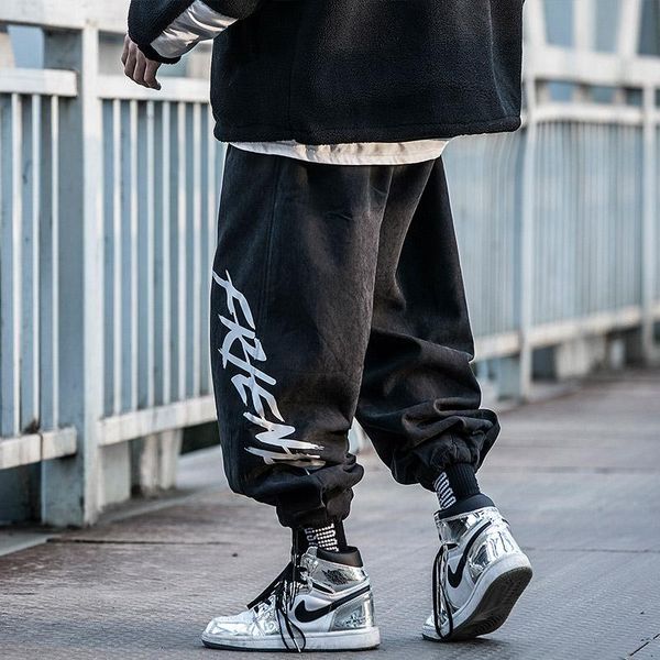 

trousers male velvet thickening winter letters printing bouquet haroun pants movement men's clothes harajuku jogger cargo pants, Black