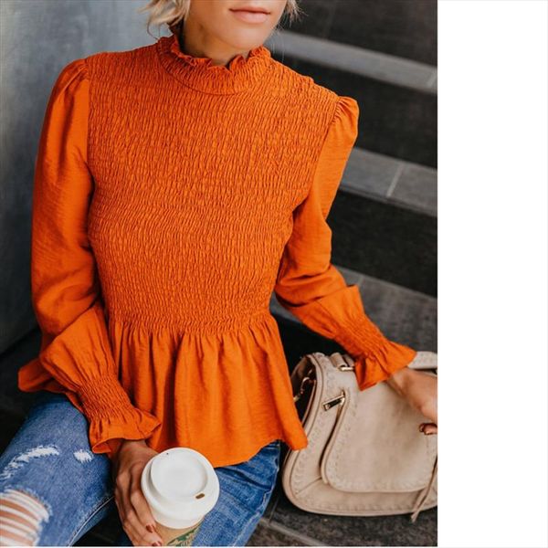 

2019 spring elegant lantern sleeve turtleneck peplum blouse ladies office shirts camisas femininas korean fashion clothing ey*, White