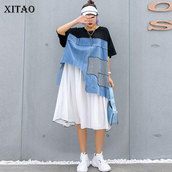 

xitao tide plus size patchwork chiffon dress women clothes 2020 summer irregular pullover short sleeve elegant dress gcc35861, Black;gray