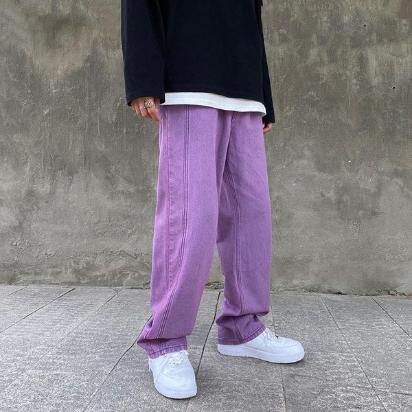 

mens autumn new jeans casual oversize hip hop denim pants streetwear couple loose denim pants clothing, Blue