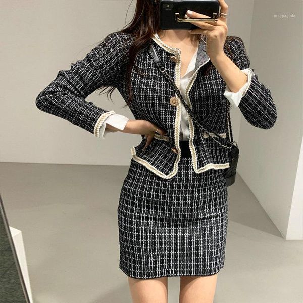 

autumn tweed plaid two piece set women brand design short jacket coat + mini skirt suits knitted 2 piece outfits my18781, Gray
