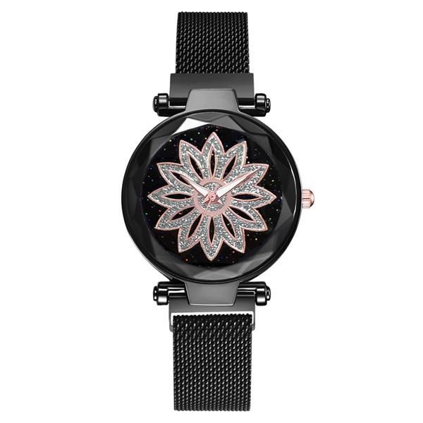 

personality starry sky women magnet buckle watches fashion ladies rhinestone flower steel mesh belt quartz watch bbylsq, Silver