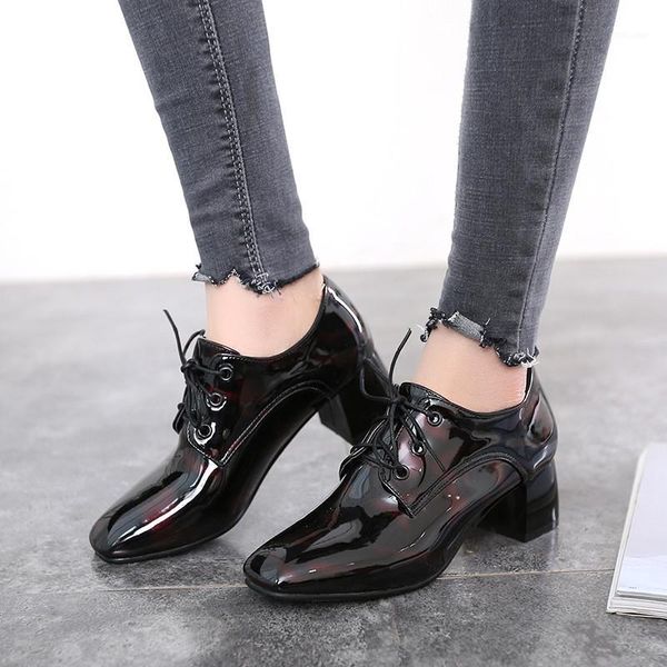 Качественная весенняя патентная кожа женская пятка насосы для обуви сексуальные блок-каблуки оксфордские туфли для женской моды шнурки для вечеринок