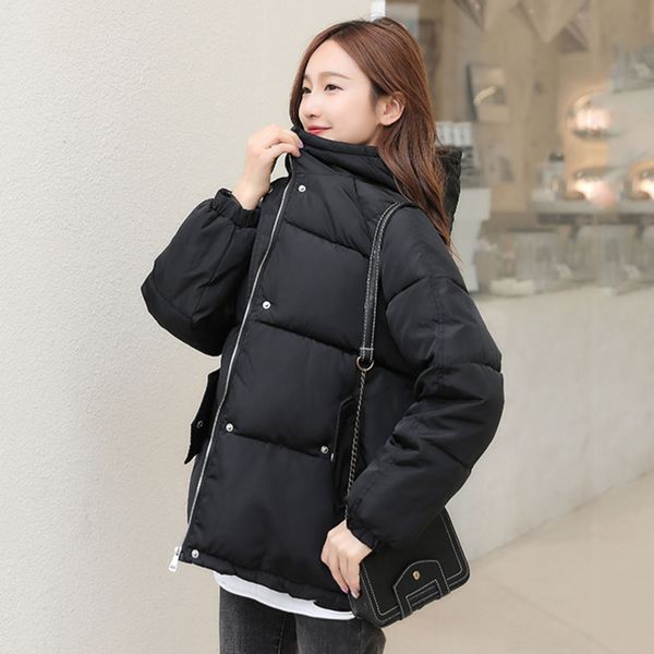 

breasted buttons winter down jacket for women hooded oversize loose padded female down coat short casual puffer jackets c1204, Black