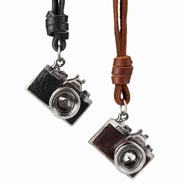 

pendant necklaces men's cool creative design rock charm punk black brown camera necklace genuine leather, Silver