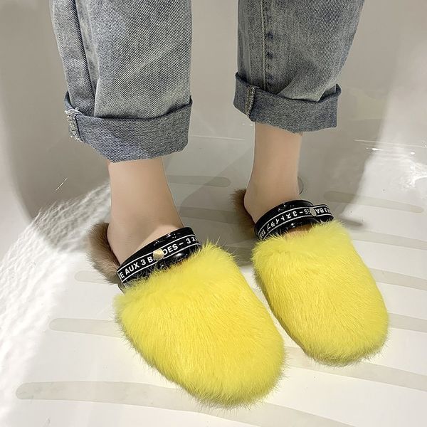 

winter luxury slides furry slippers faux fur mules shoes women warm plush sandals fluffy rubber slipper soft flip flops ladies y1202, Black