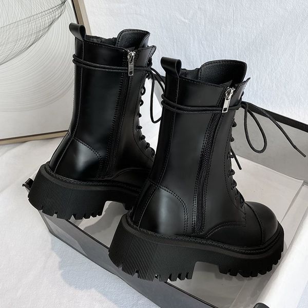

women's boots pocket lace up ladies ankle boots female combat army boots chunky heel zipper short boot woman platform shoes new, Black