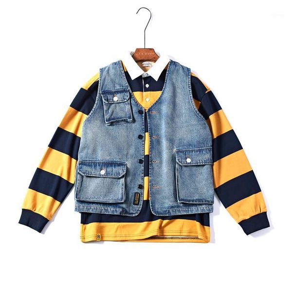 

2020 new large size men' cowboy vest japanese retro style casual loose denim vest multi-pocket male size m-xxl1, White;black
