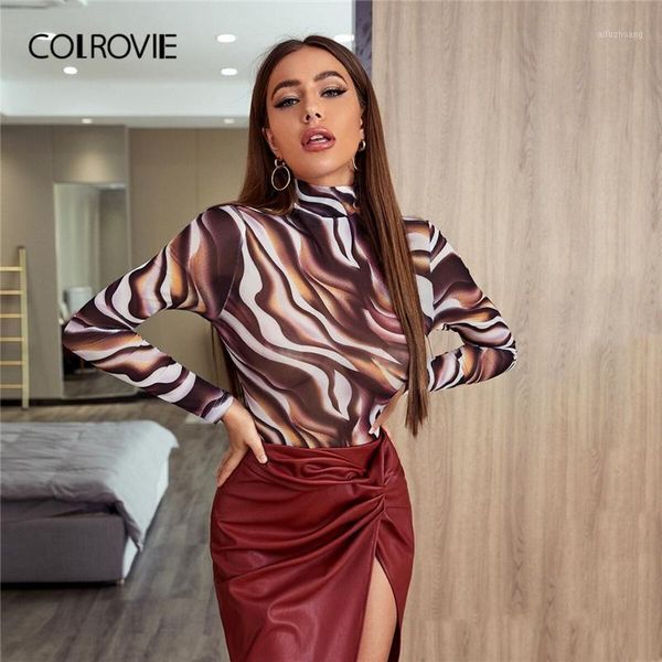 

colrovie multicolor marble print high neck fitted bodysuit women autumn fashion mesh skinny ladies bodysuits1, Black;white