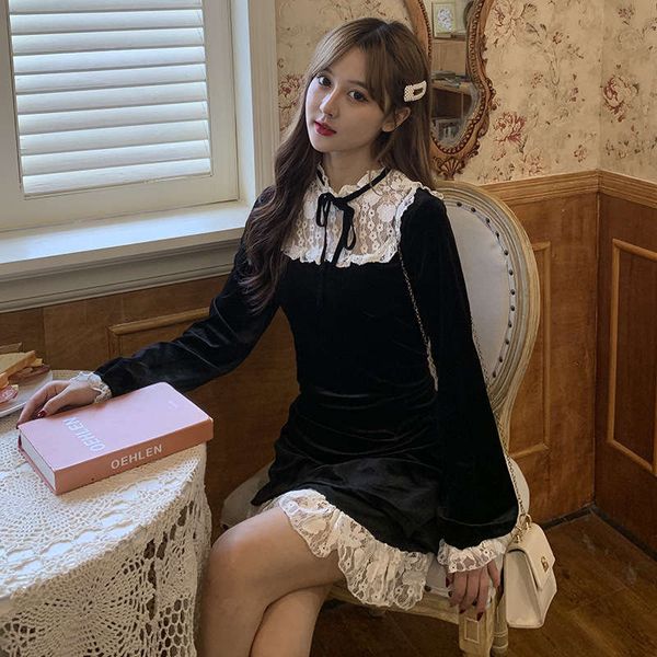 

big size fat mm cover belly show thin women autumn and winter french velvet lace long sleeve small black dress foreign style, Black;gray